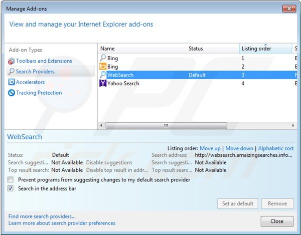 Usuwanie websearch.amaizingsearches.info z domyślnej wyszukiwarki Internet Explorer
