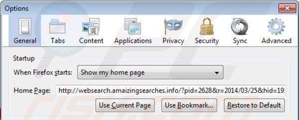 Usuwanie websearch.amaizingsearches.info ze strony domowej Mozilla Firefox