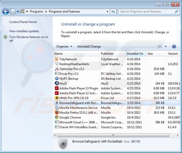 Deinstalacja browsersafeguard poprzez Panel sterowania