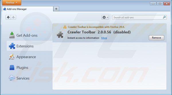 Usuwanie paska narzędzi crawler z rozszerzeń Mozilla Firefox