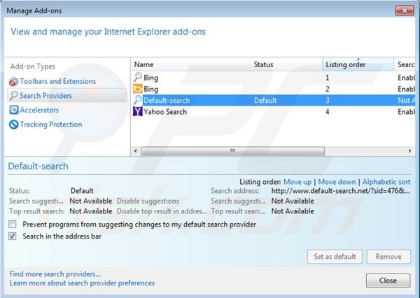 Usuwanie default-searchnet.net z ustawień domyślnej wyszukiwarki Internet Explorer