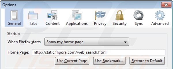 Usuwanie static.flipora.com ze strony domowej Mozilla Firefox