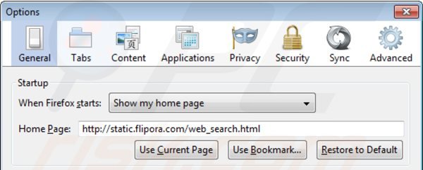 Usuwanie static.flipora.com ze strony domowej Mozilla Firefox