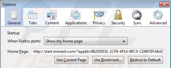 Usuwanie start.iminent.com ze strony domowej Mozilla Firefox