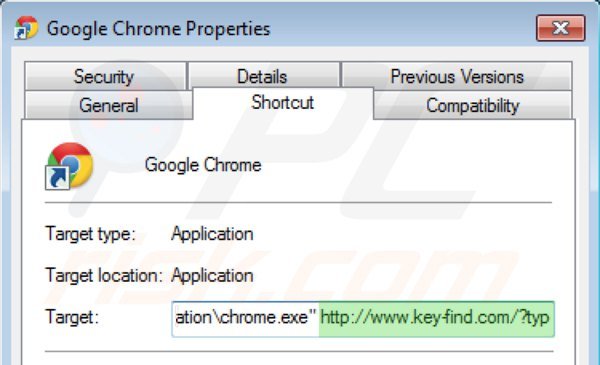 Usuwanie key-find.com ze skrótu docelowego Google Chrome krokp 2