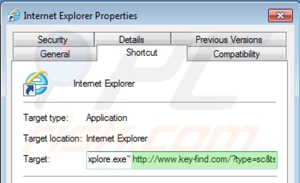 Deinstalacja key-find.com ze skrótu docelowego Internet Explorer krok 2