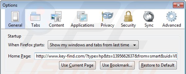Usuwanie key-find.com ze strony domowej Mozilla Firefox