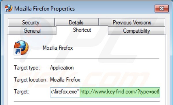 Usuwanie key-find.com ze skrótu docelowego Mozilla Firefox krok 2