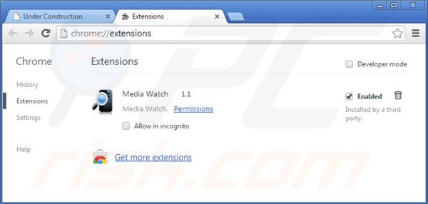 Usuwanie ads by media watch z Google Chrome krok 2