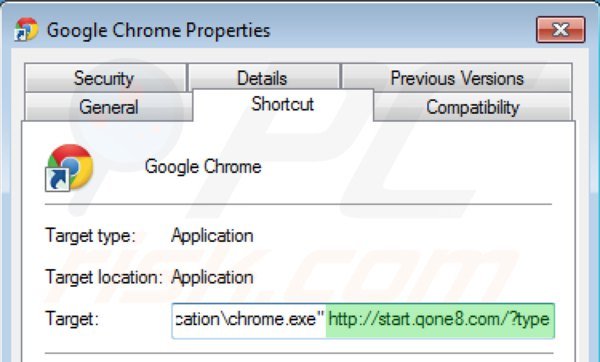 Usuwanie start.qone8.com ze skrótu docelowego Google Chrome krok 2