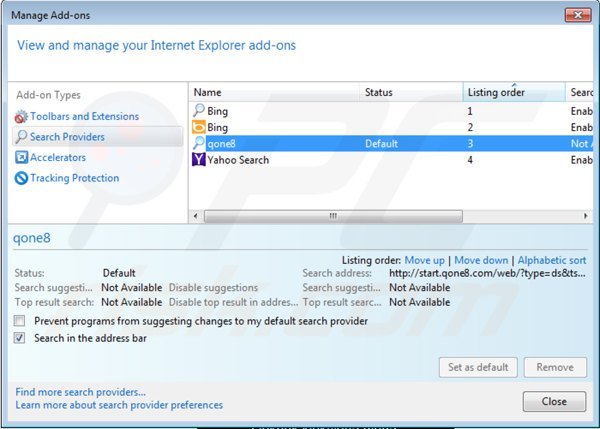 Usuwanie start.qone8.com z domyślnej wyszukiwarki Internet Explorer