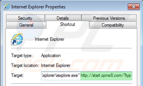 Usuwanie start.qone8.com ze skrótu docelowego Internet Explorer krok 2