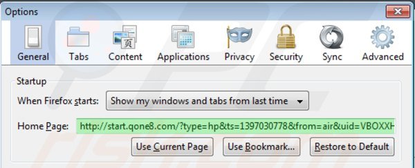 Usuwanie start.qone8.com ze strony domowej Mozilla Firefox