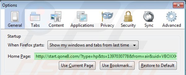 Usuwanie start.qone8.com ze strony domowej Mozilla Firefox
