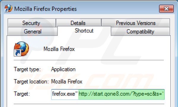 Usuwanie start.qone8.com ze skrótu docelowego Mozilla Firefox krok 2