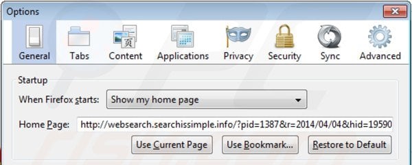 Usuwanie websearch.searchissimple.info ze strony domowej Mozilla Firefox