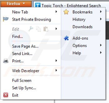Usuwanie topic torch z Mozilla Firefox krok 1