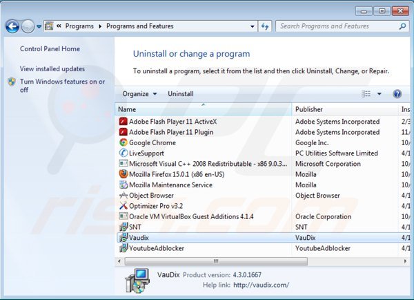 Deinstalacja adware vaudix poprzez Panel sterowania
