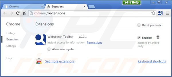 Usuwania paska narzędzi websearch z rozszerzeń Google Chrome