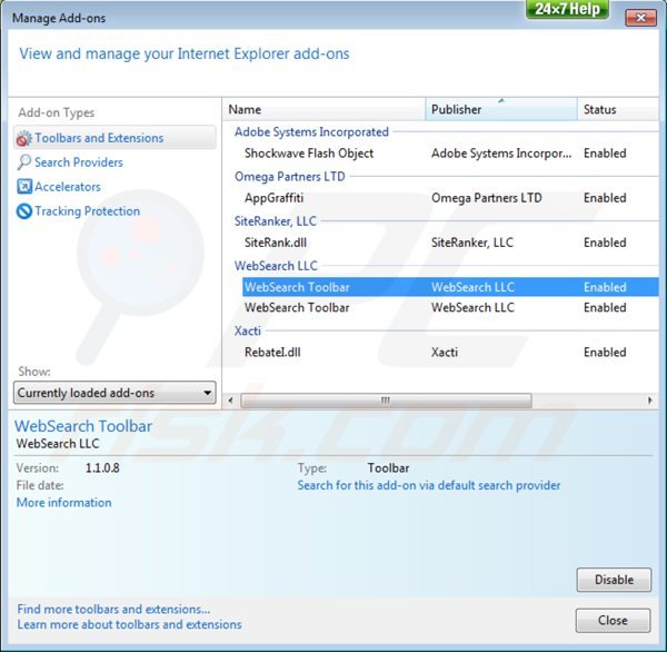 Usuwanie paska narzędzi websearch z rozszerzeń Internet Explorer