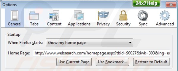 Usuwanie websearch.com ze strony domowej Mozilla Firefox
