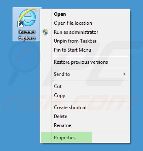 Usuwanie istart.webssearches.com ze skrótu docelowego Internet Explorer krok 1