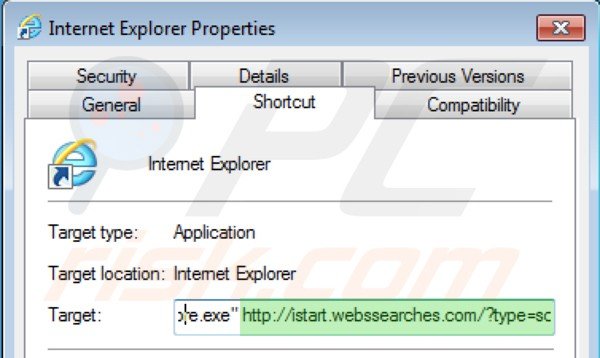 Usuwanie istart.webssearches.com ze skrótu docelowego Internet Explorer krok 2