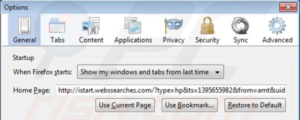 Usuwanie istart.webssearches.com ze strony domowej Mozilla Firefox
