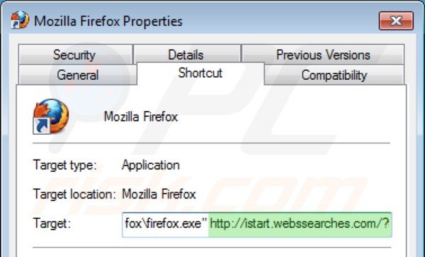 Usuwanie istart.webssearches.com ze skrótu docelowego Mozilla Firefox krok 2