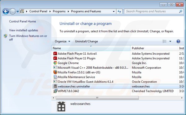 Deinstalacja webssearches z Panelu sterowania