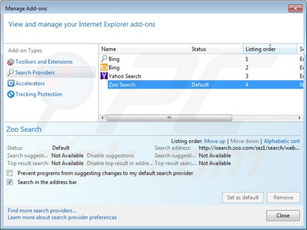 Usuwanie isearch.zoo.com z ustawień domyślnej wyszukiwarki Internet Explorer
