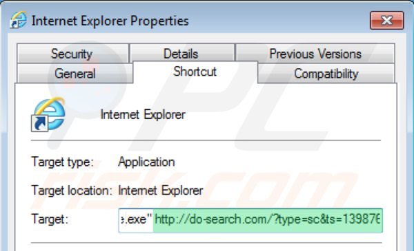 Usuwanie 22find.com ze skrótu docelowego Internet Explorer krok 2