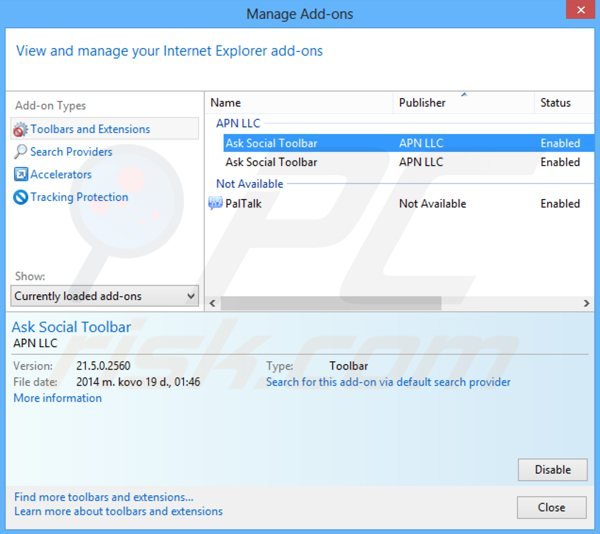 Usuwanie paska narzędzi ask social z rozszerzeń Internet Explorer