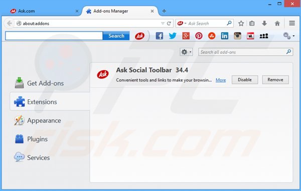 Usuwanie paska narzędzi ask social z rozszerzeń Mozilla Firefox