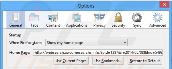 Usuwanie websearch.awsomesearchs.info ze strony domowej Mozilla Firefox