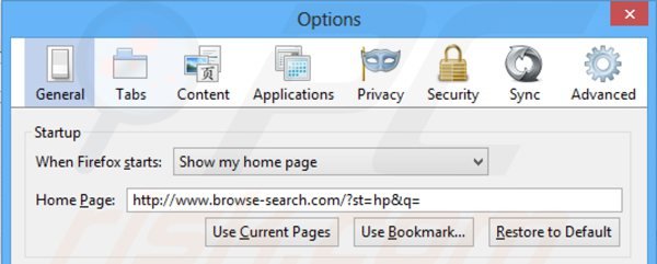 Usuwanie browse-search.com ze strony domowej Mozilla Firefox