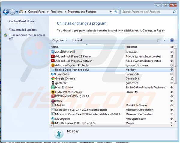 Deinstalacja adware bubble dock poprzez Panel sterowania