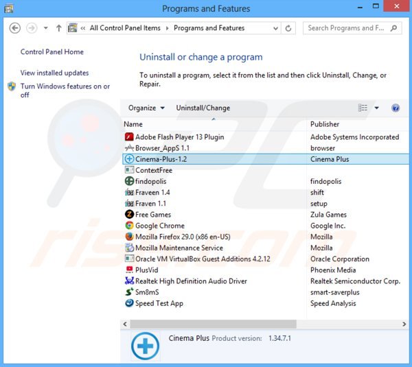 Deinstalacja adware cinema-plus poprzez Panel sterowania