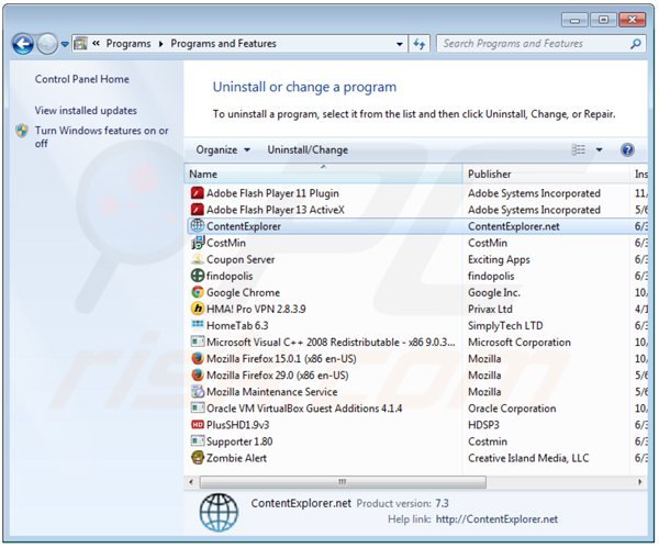 Deinstalacja content explorer poprzez Panel sterowania