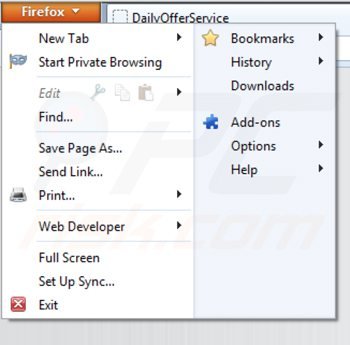 Usuwanie reklam dailyofferservice z Mozilla Firefox krok 1