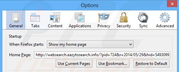 Usuwanie websearch.eazytosearch.info ze strony domowej Mozilla Firefox
