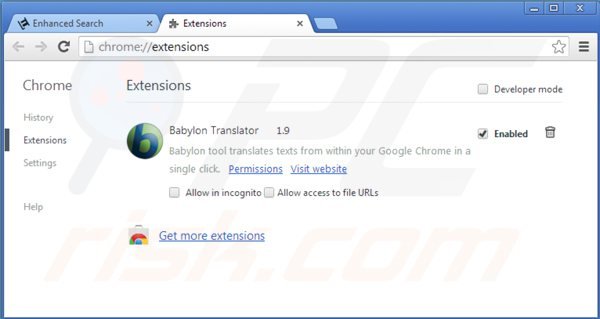 Usuwanie enhanced-search.com z powiązanych rozszerzeń Google Chrome