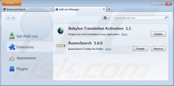 Usuwanie enhanced-search.com z powiązanych rozszerzeń Mozilla Firefox