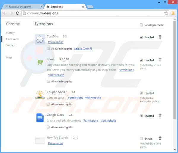 Usuwanie reklam fabulousdiscounts z Google Chrome krok 2