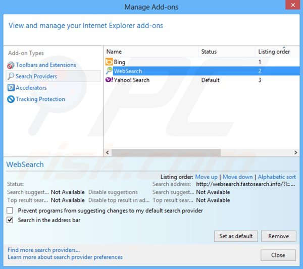 Usuwanie websearch.fastosearch.info z domyślnej wyszukiwarki Internet Explorer