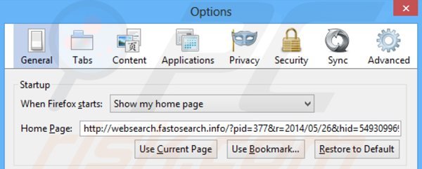 Usuwanie websearch.fastosearch.info ze strony domowej Mozilla Firefox