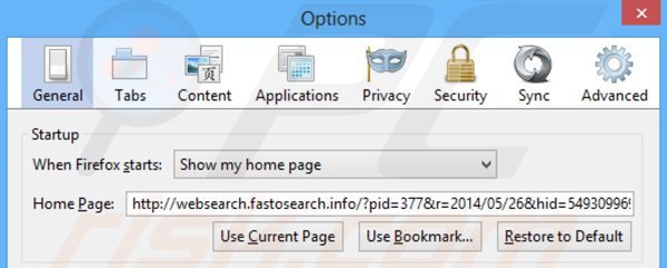 Usuwanie websearch.fastosearch.info ze strony domowej Mozilla Firefox