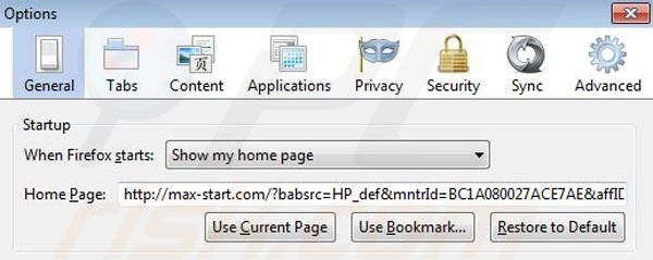 Usuwanie Max-start.com ze strony domowej Mozilla Firefox