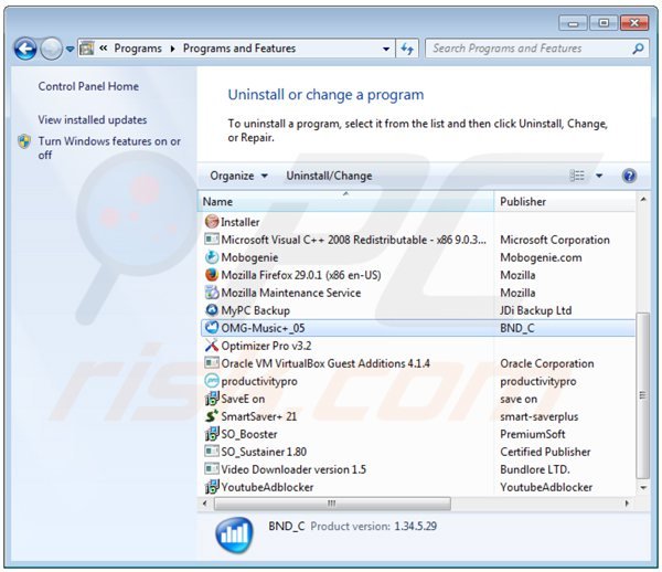 Deinstalacja adware omg music poprzez Panel sterowania
