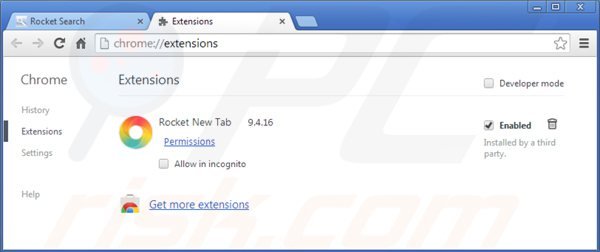 Usuwanie powiązanych dodatków rocket-find.com z Google Chrome